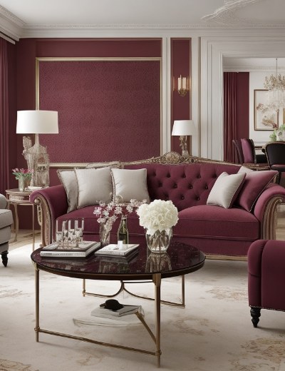 Interno di un soggiorno elegante con accenti di colore borgogna sui mobili e nella decorazione.
